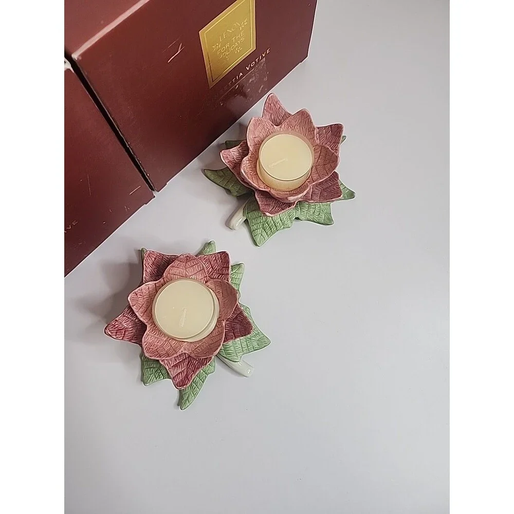 Lot Of 2 Lenox Poinsettia Votive Candle Holder Christmas New in Box Holiday NIB